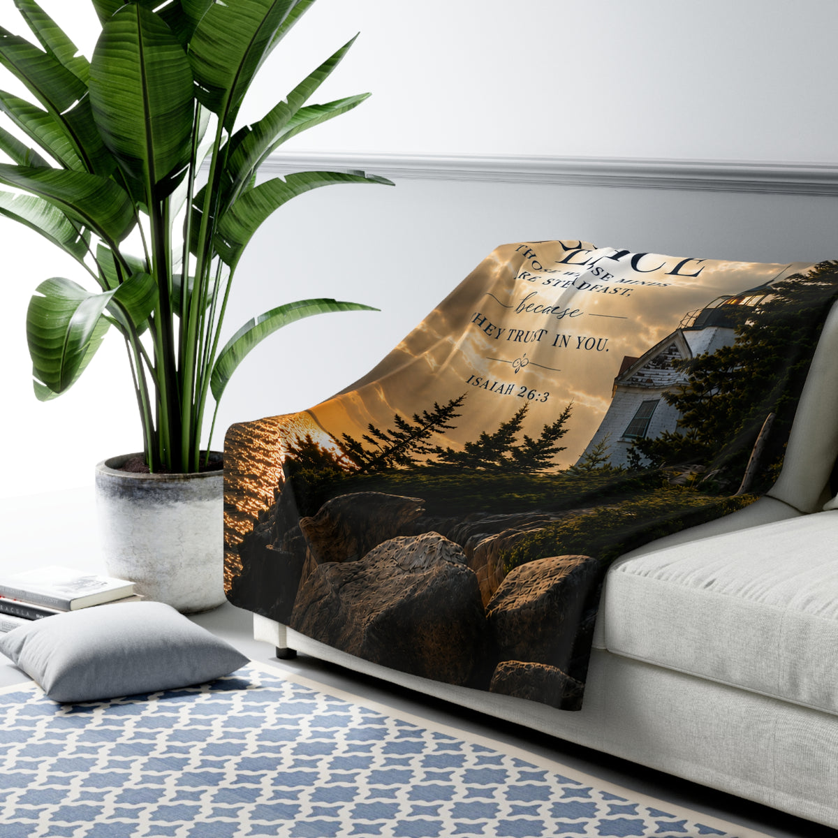 Sherpa Blanket with Lighthouse & Isaiah 26:3 'Perfect Peace' — Inspirational Christian Throw