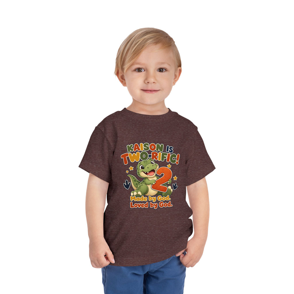 Personalized Toddler Tee - "Kaison is Two-rific!" Dinosaur 2nd Birthday Shirt