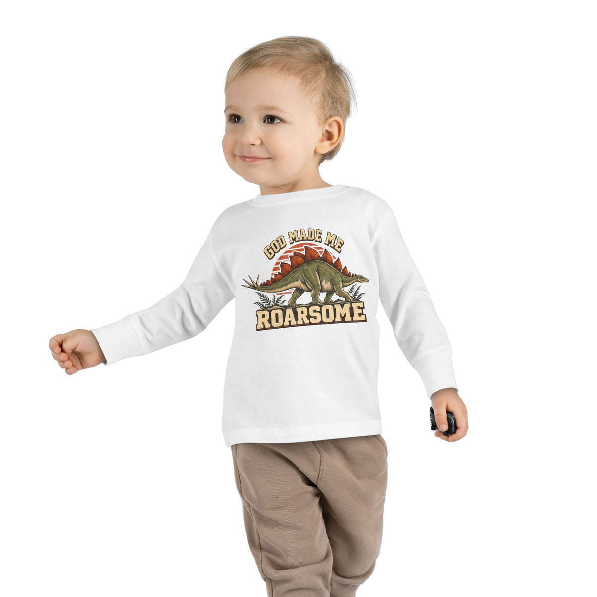 Toddler Tee - "God Made Me Roarsome" Dinosaur Long Sleeve Shirt