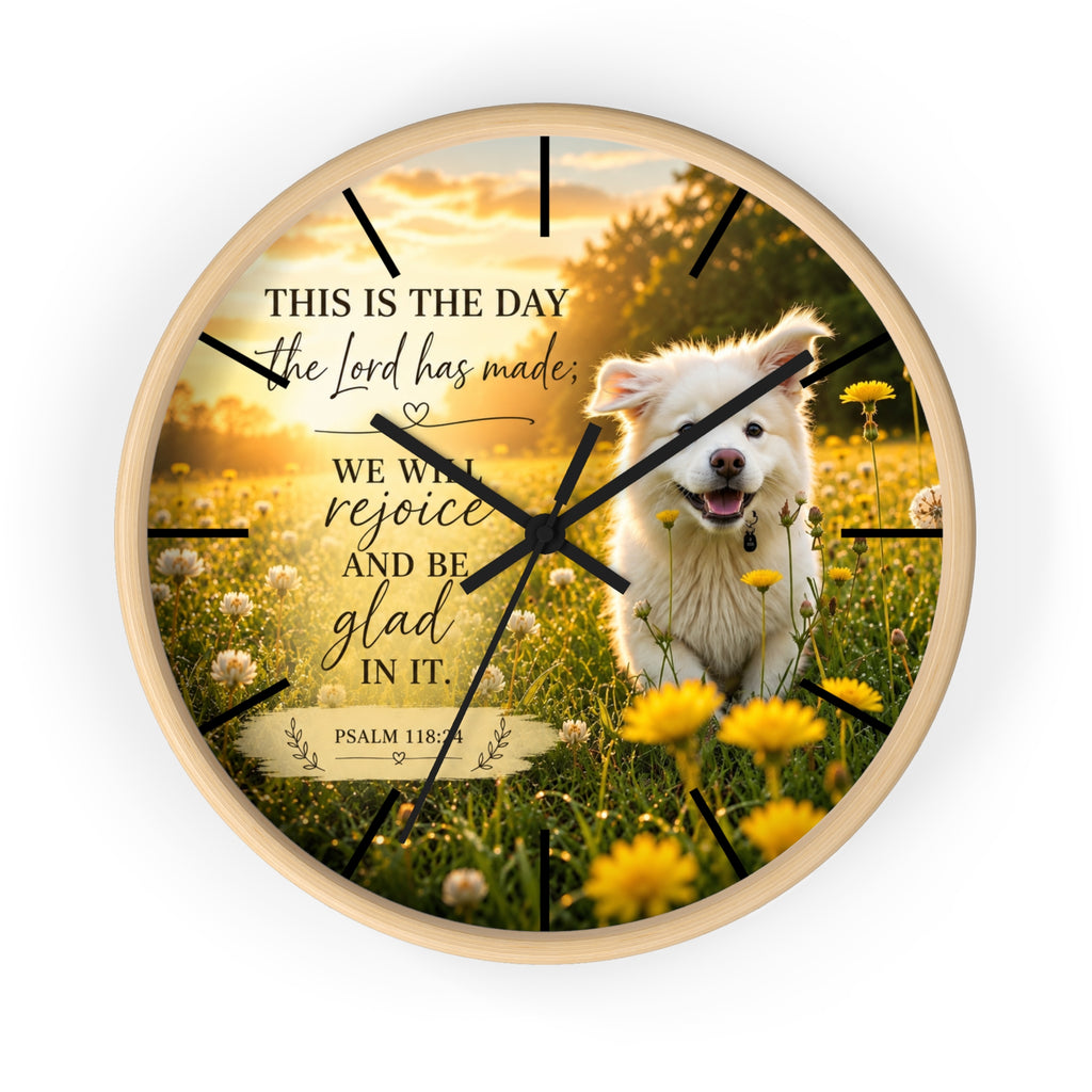Inspirational Psalm 118:24 Wall Clock — Joyful Dog in Dandelion Field