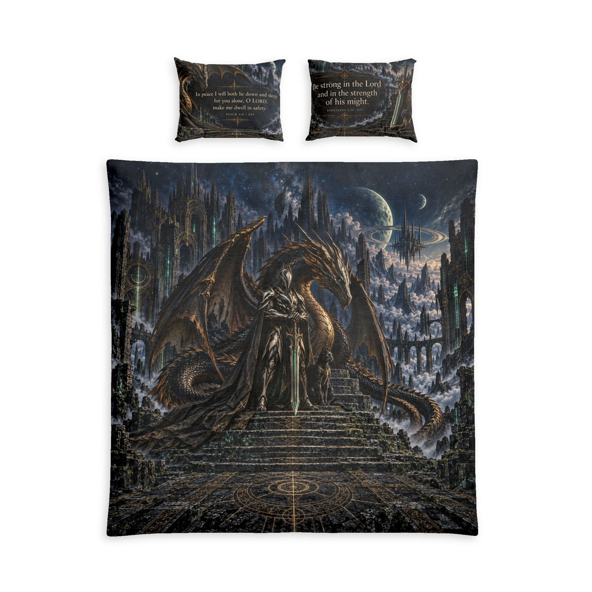 Gothic Dragon Guardian Cotton Bed Set – Dark Fantasy Duvet Cover with Winged Sentinel Design