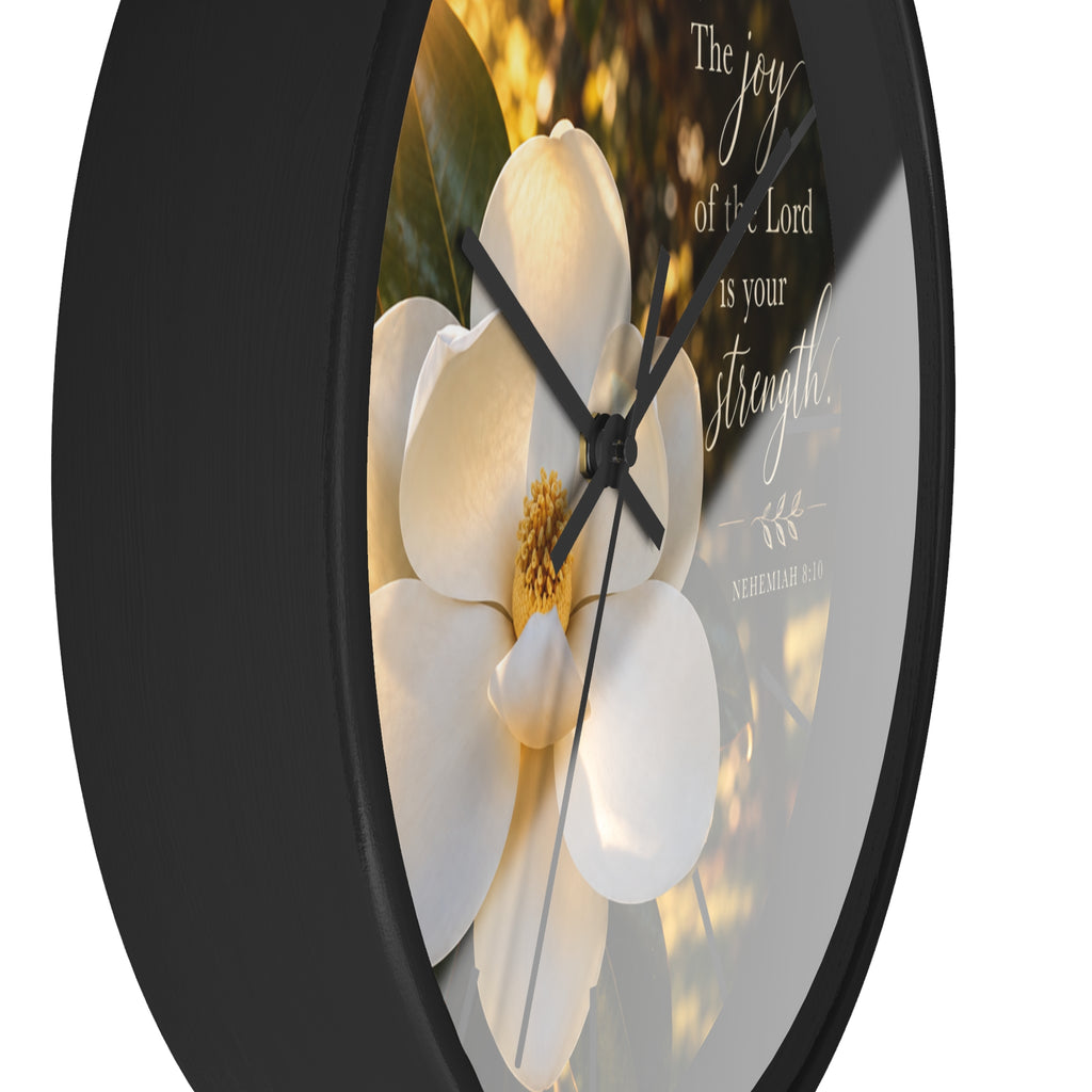 Magnolia Wall Clock — "The joy of the Lord is your strength" (Nehemiah 8:10)