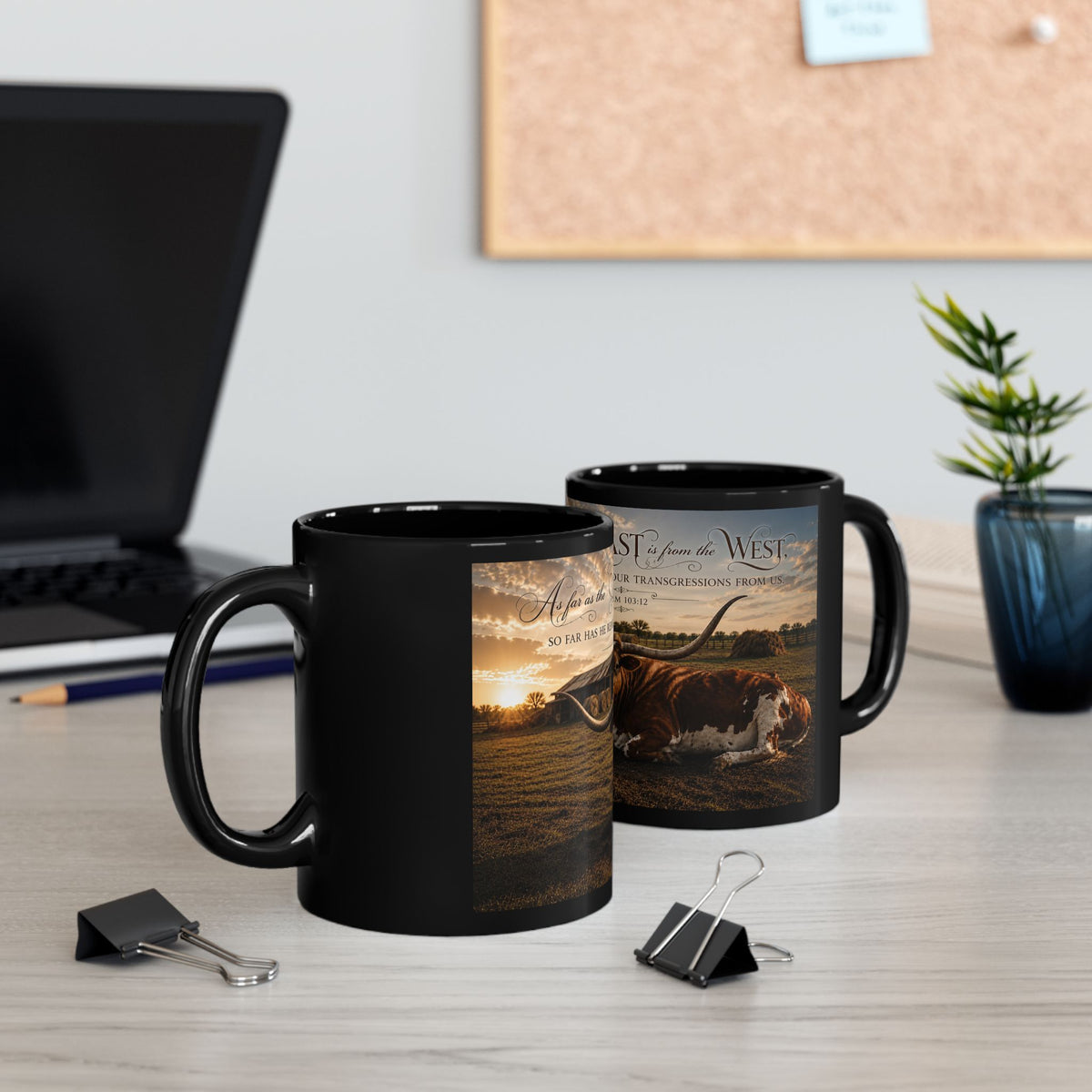 Longhorn Ranch Black Mug – Psalm 103:12 Western Cowhide Coffee Cup