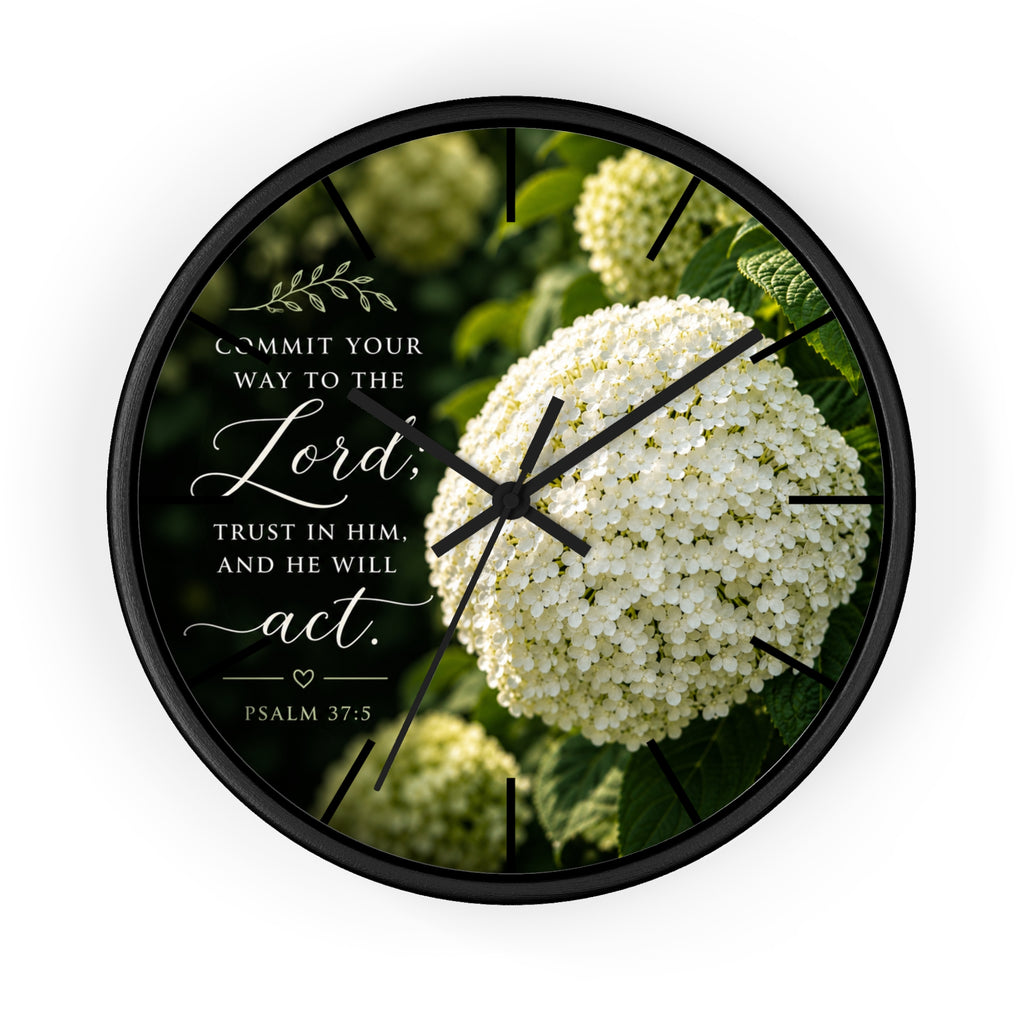 Christian Floral Wall Clock — Psalm 37:5 Inspirational Scripture Timepiece