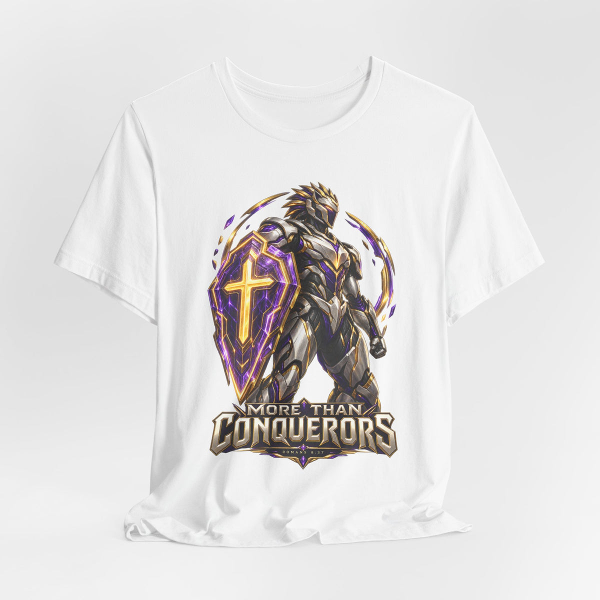 Christian Armor T-Shirt — "More Than Conquerors" Biblical Verse Tee