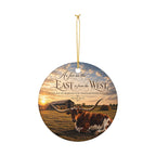 Ceramic Ornament - Rustic Longhorn Sunset with Psalm 103:12 Scripture