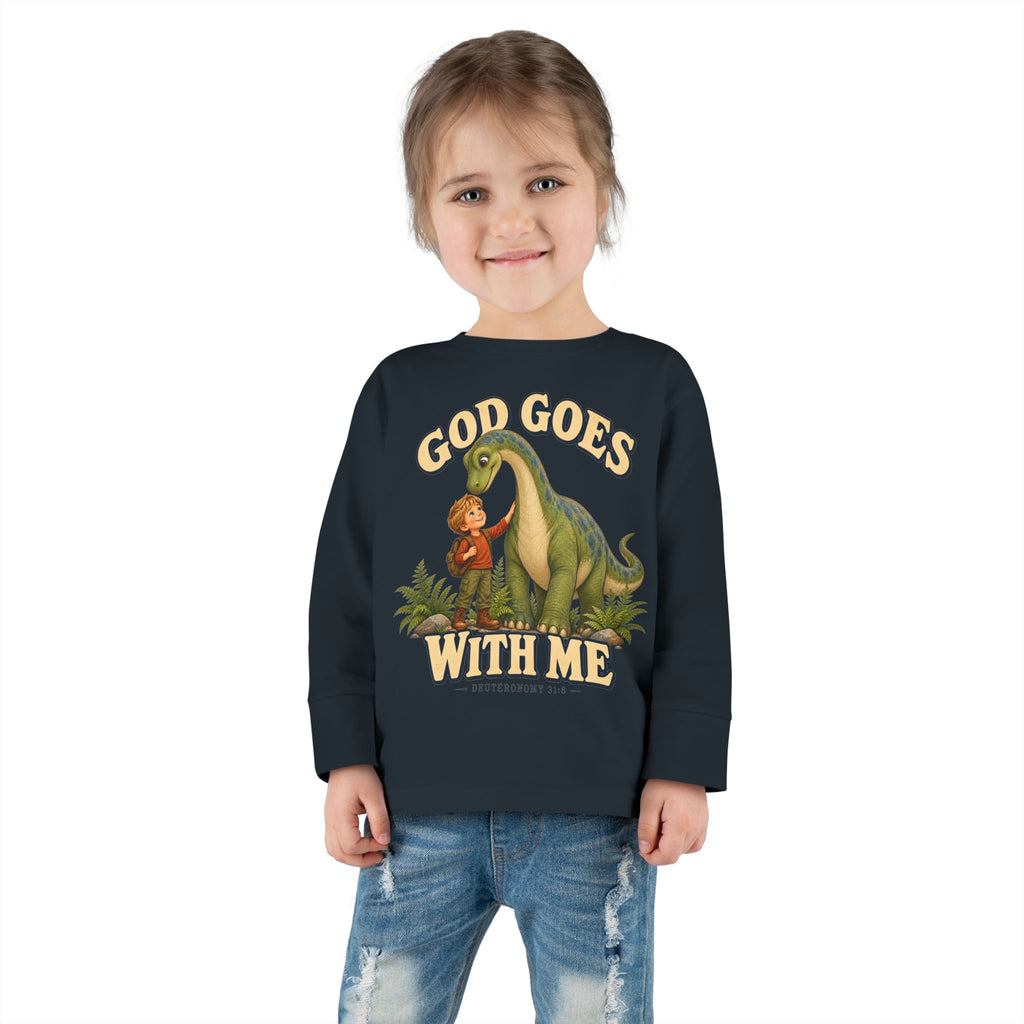 Toddler Long Sleeve Tee — "God Goes With Me" Dino Faith Shirt
