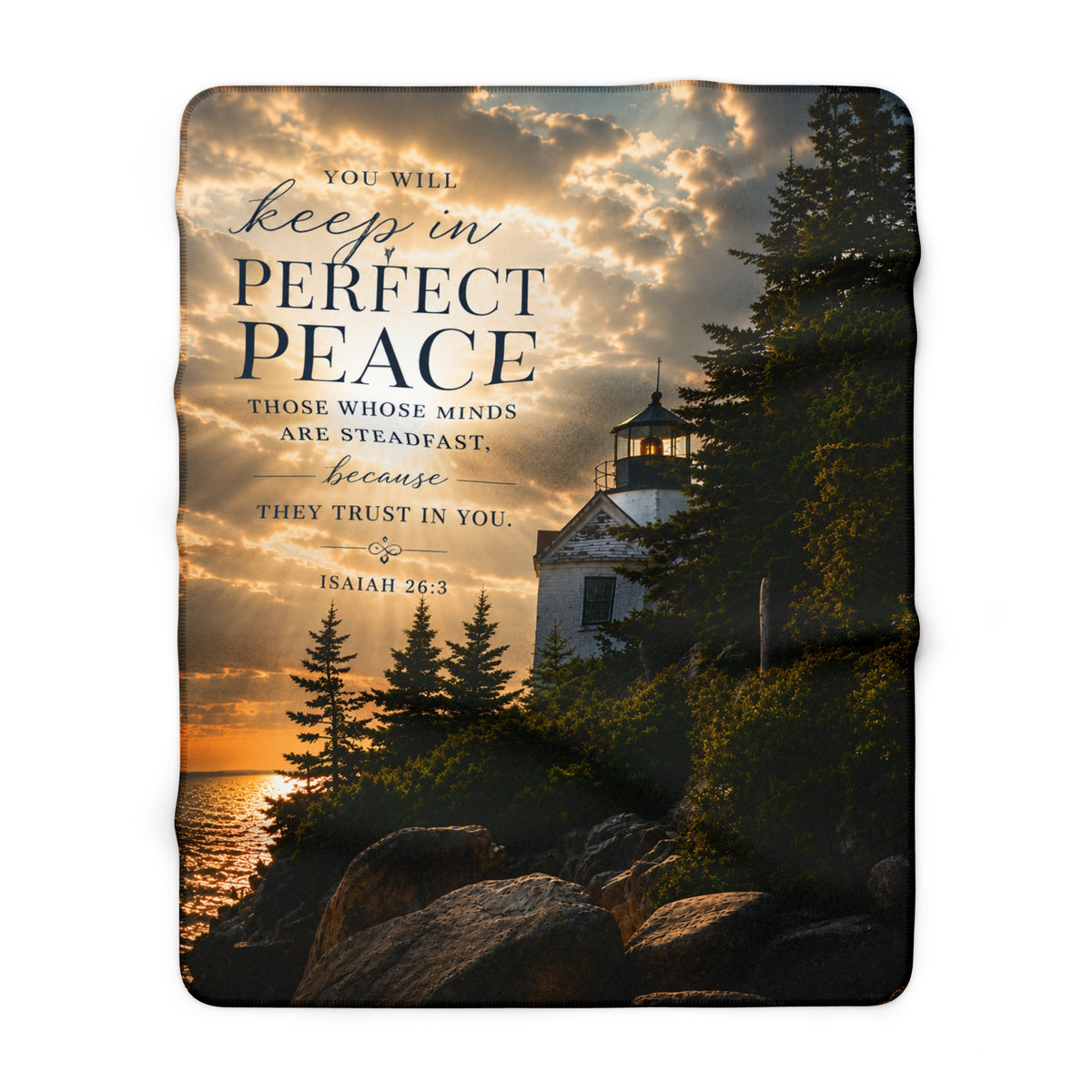Sherpa Blanket with Lighthouse & Isaiah 26:3 'Perfect Peace' — Inspirational Christian Throw