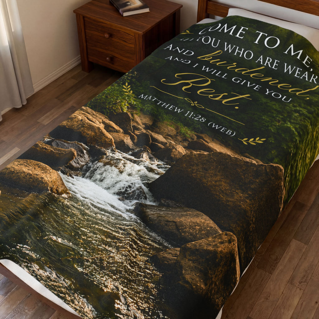 Inspirational Scripture Velveteen Plush Blanket — "Come to Me... I Will Give You Rest" (Matthew 11:28)