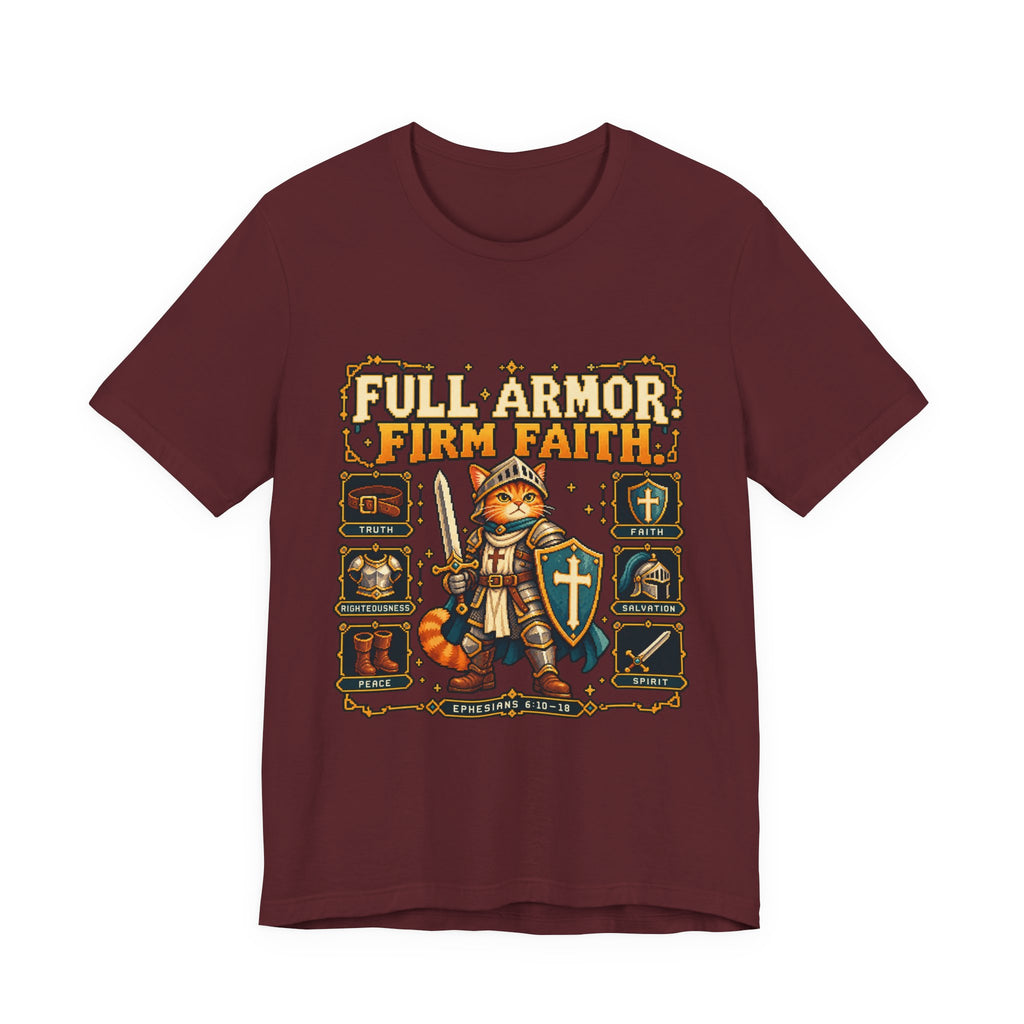 Full Armor, Firm Faith Tee — Christian Knight Cat Graphic T-Shirt