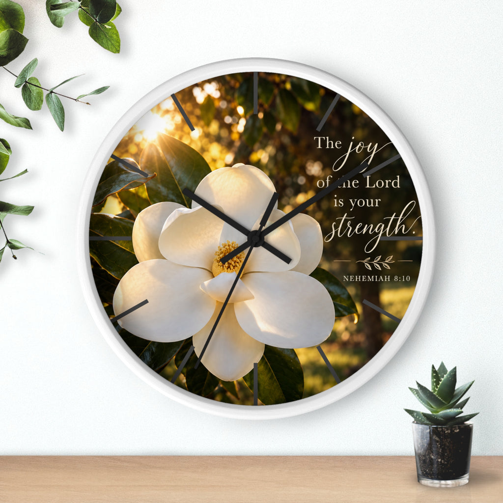 Magnolia Wall Clock — "The joy of the Lord is your strength" (Nehemiah 8:10)