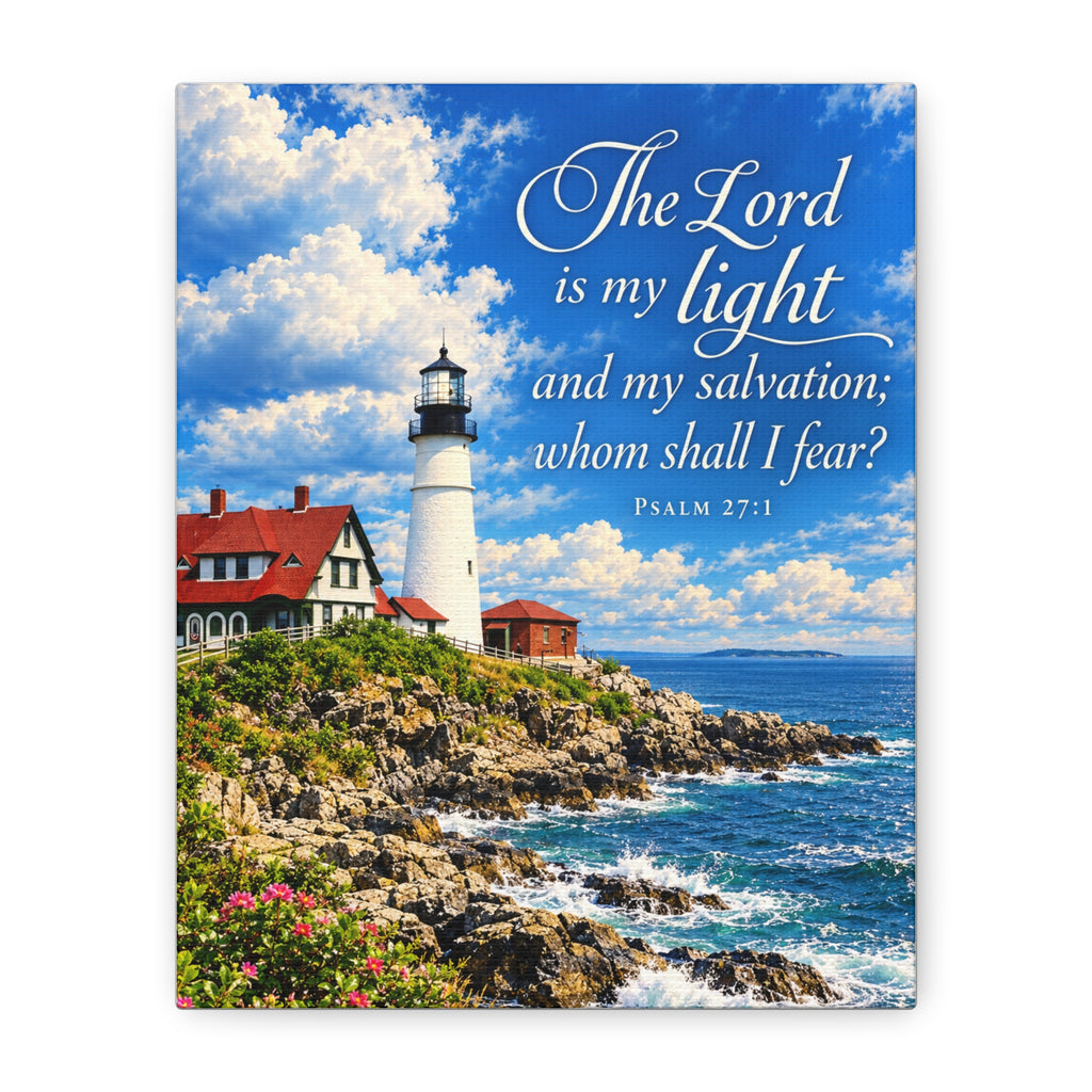Lighthouse Psalm 27:1 Canvas Wall Art — “The Lord is my light” Religious Coastal Decor