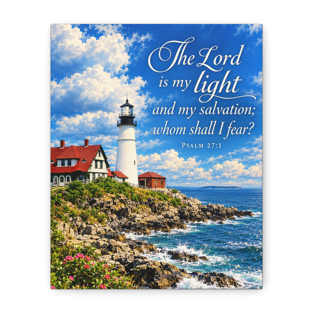 Lighthouse Psalm 27:1 Canvas Wall Art — “The Lord is my light” Religious Coastal Decor