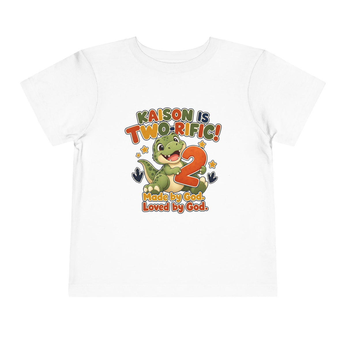 Personalized Toddler Tee - "Kaison is Two-rific!" Dinosaur 2nd Birthday Shirt