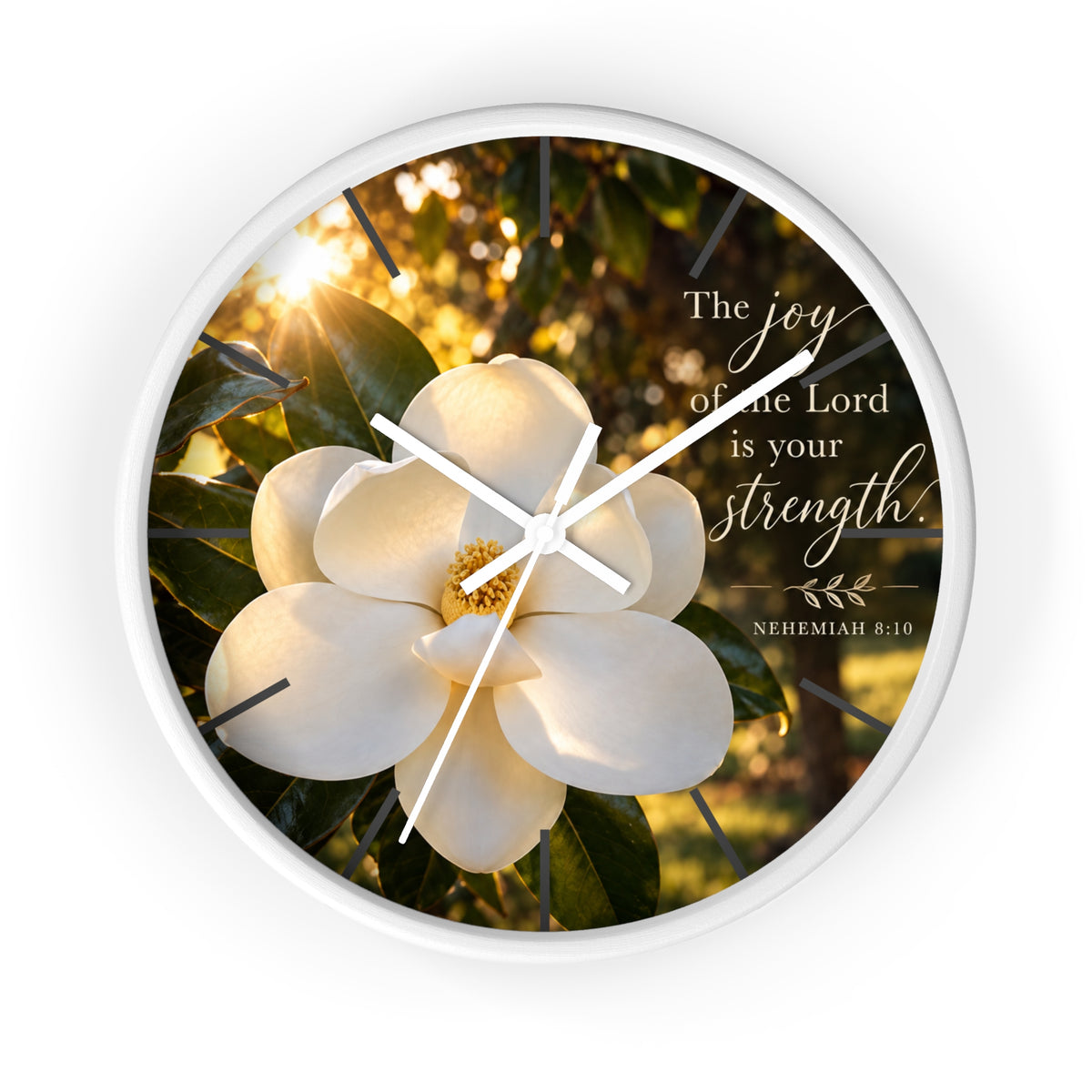 Magnolia Wall Clock — "The joy of the Lord is your strength" (Nehemiah 8:10)