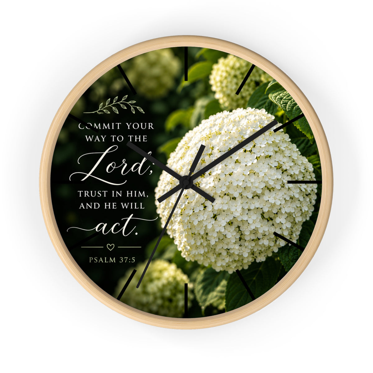 Christian Floral Wall Clock — Psalm 37:5 Inspirational Scripture Timepiece