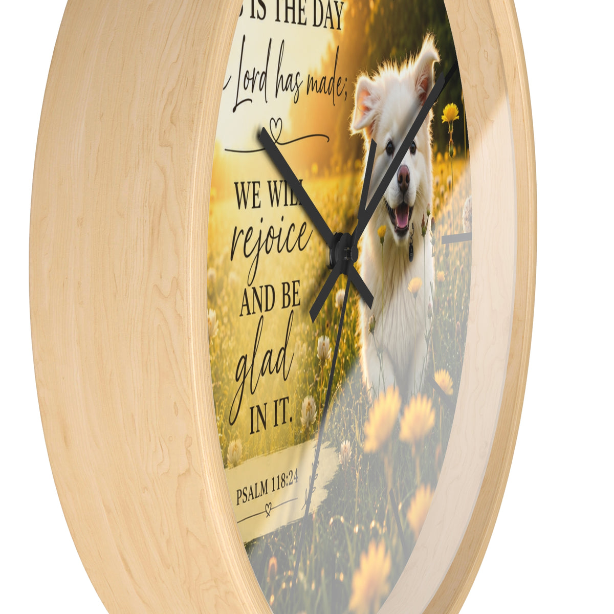 Inspirational Psalm 118:24 Wall Clock — Joyful Dog in Dandelion Field