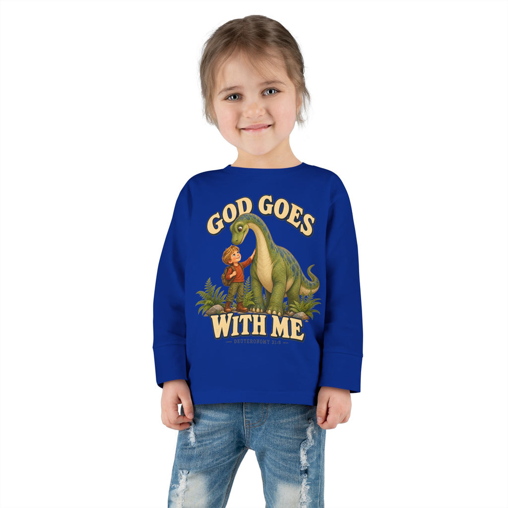 Toddler Long Sleeve Tee — "God Goes With Me" Dino Faith Shirt