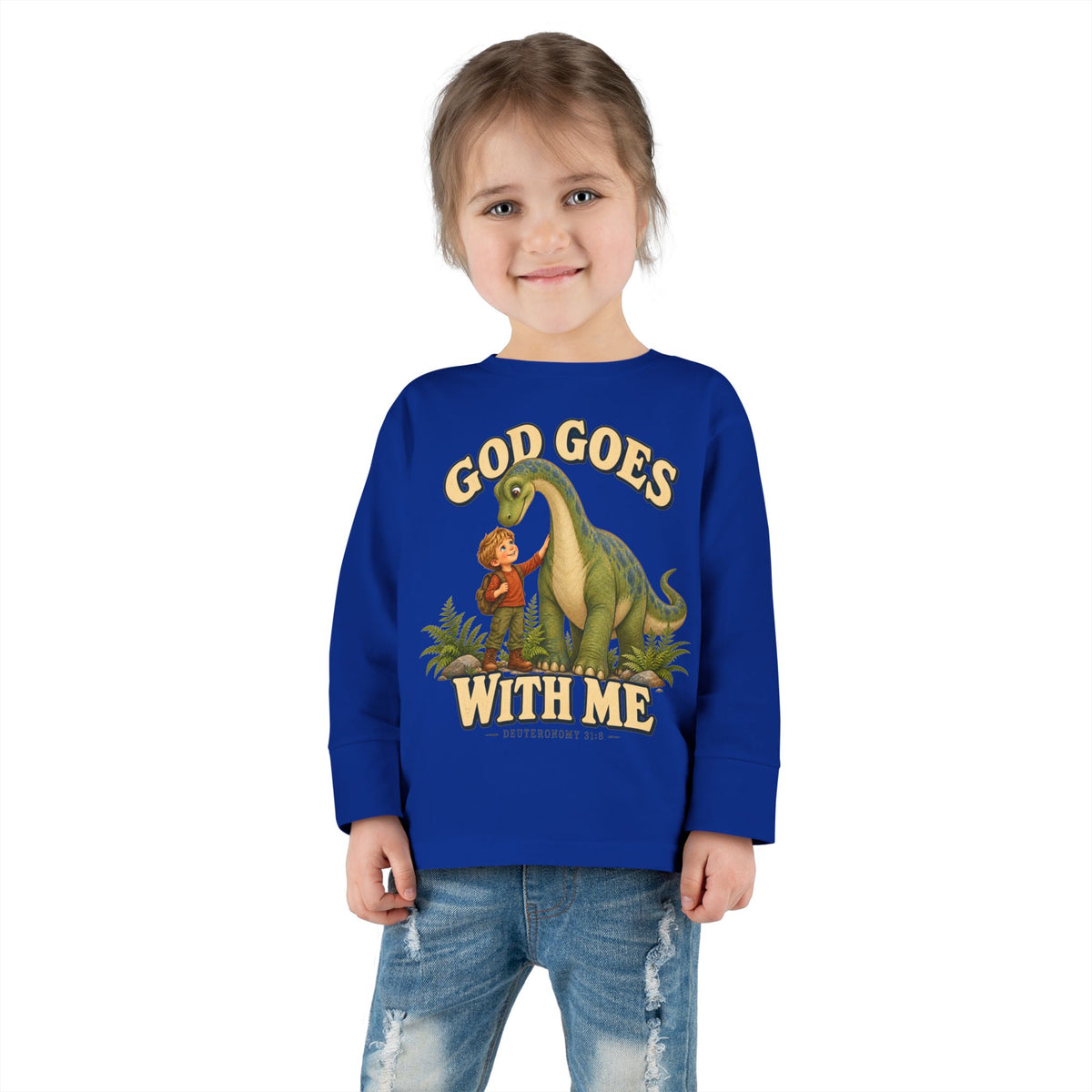 Toddler Long Sleeve Tee — "God Goes With Me" Dino Faith Shirt