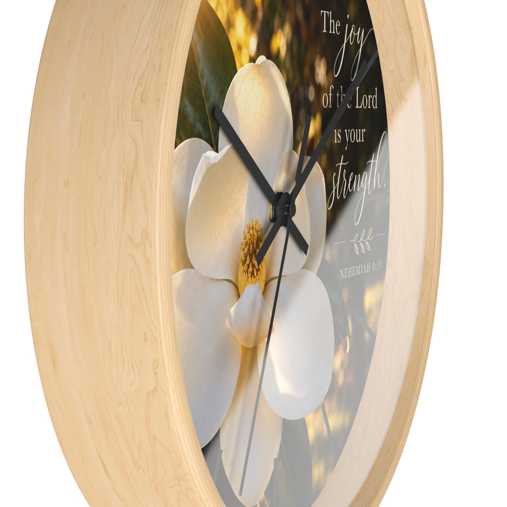 Magnolia Wall Clock — "The joy of the Lord is your strength" (Nehemiah 8:10)