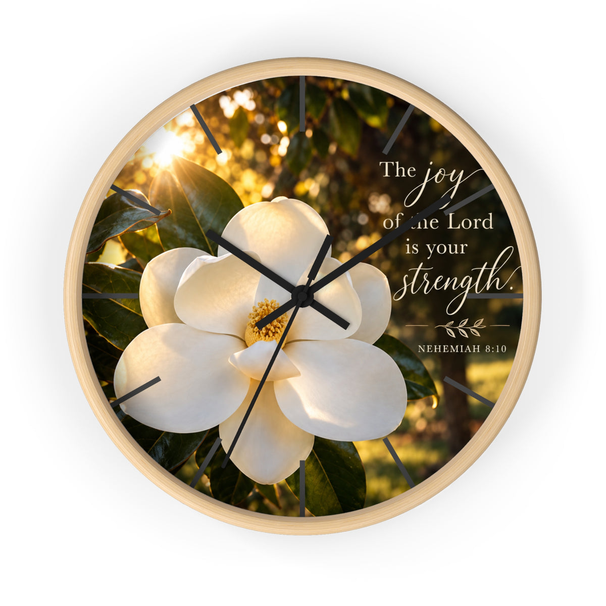 Magnolia Wall Clock — "The joy of the Lord is your strength" (Nehemiah 8:10)