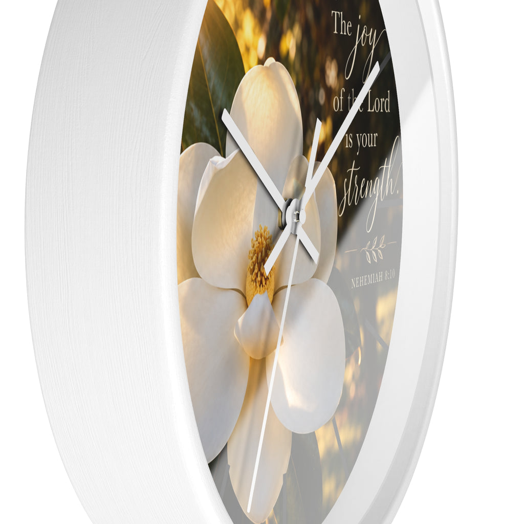 Magnolia Wall Clock — "The joy of the Lord is your strength" (Nehemiah 8:10)