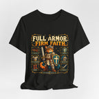 Full Armor, Firm Faith Tee — Christian Knight Cat Graphic T-Shirt