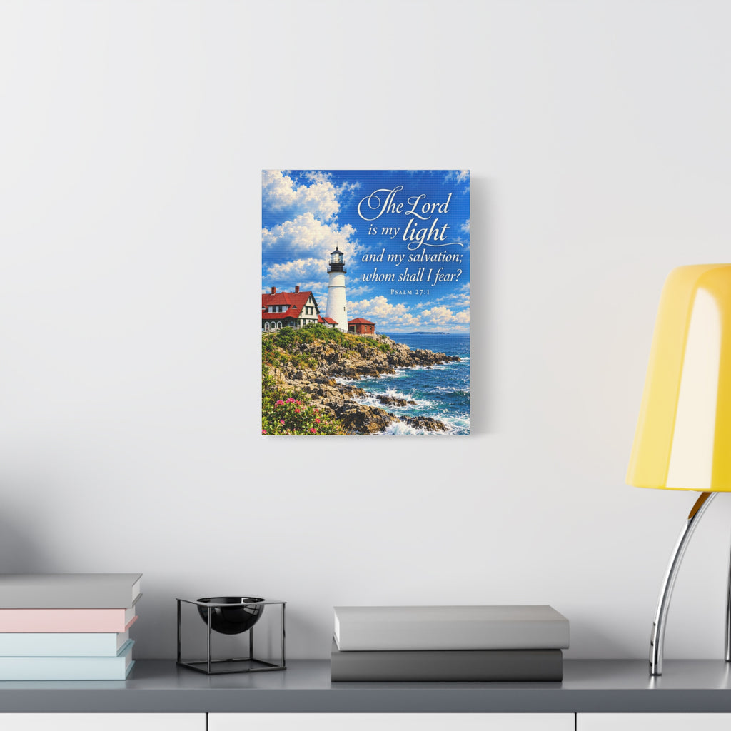 Lighthouse Psalm 27:1 Canvas Wall Art — “The Lord is my light” Religious Coastal Decor