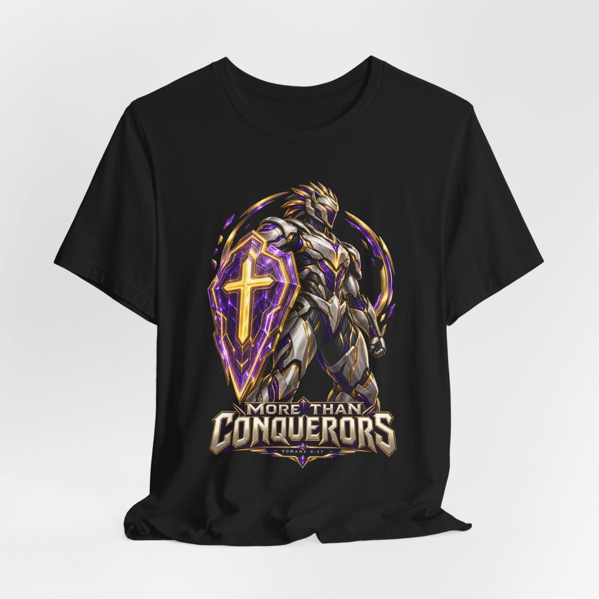 Christian Armor T-Shirt — "More Than Conquerors" Biblical Verse Tee