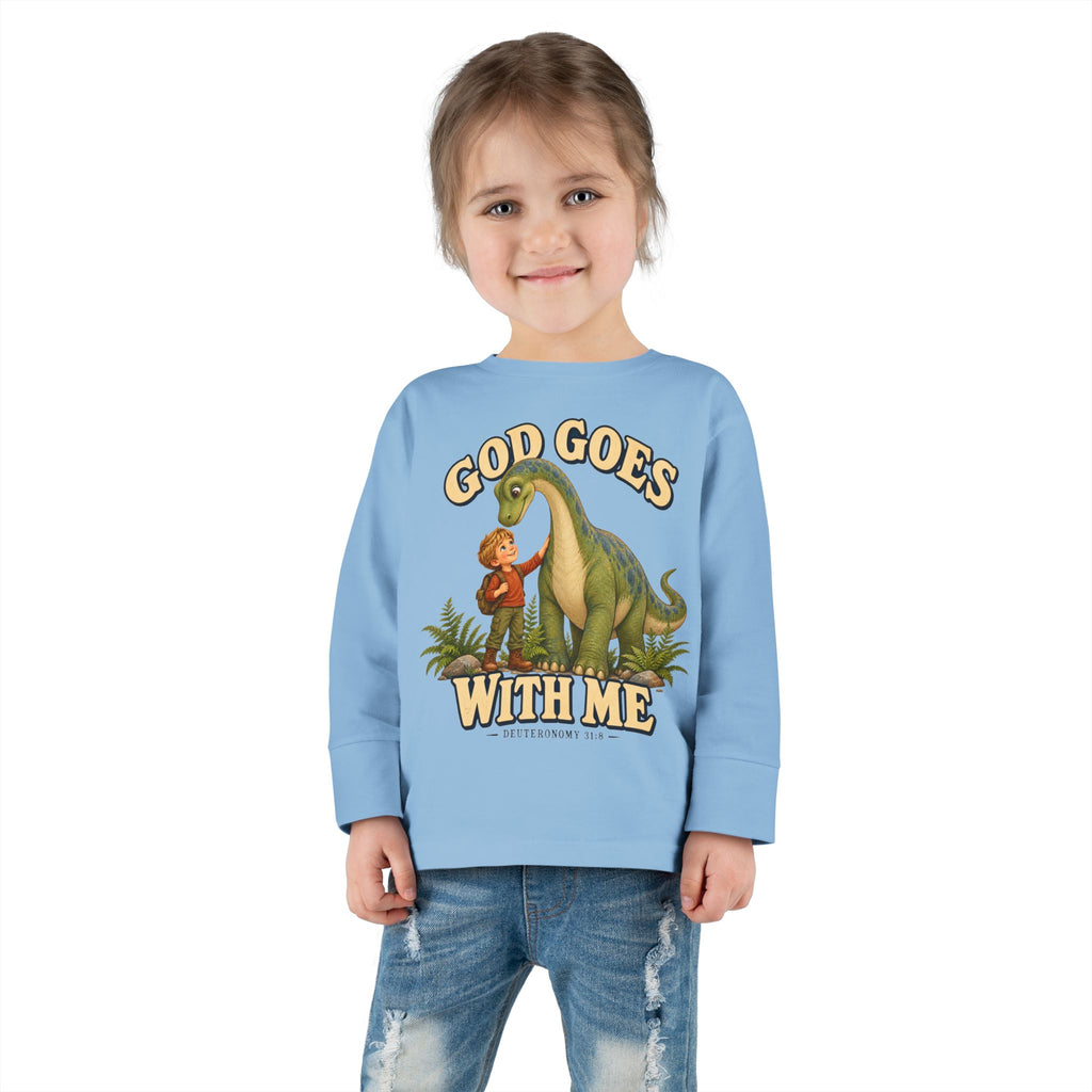 Toddler Long Sleeve Tee — "God Goes With Me" Dino Faith Shirt