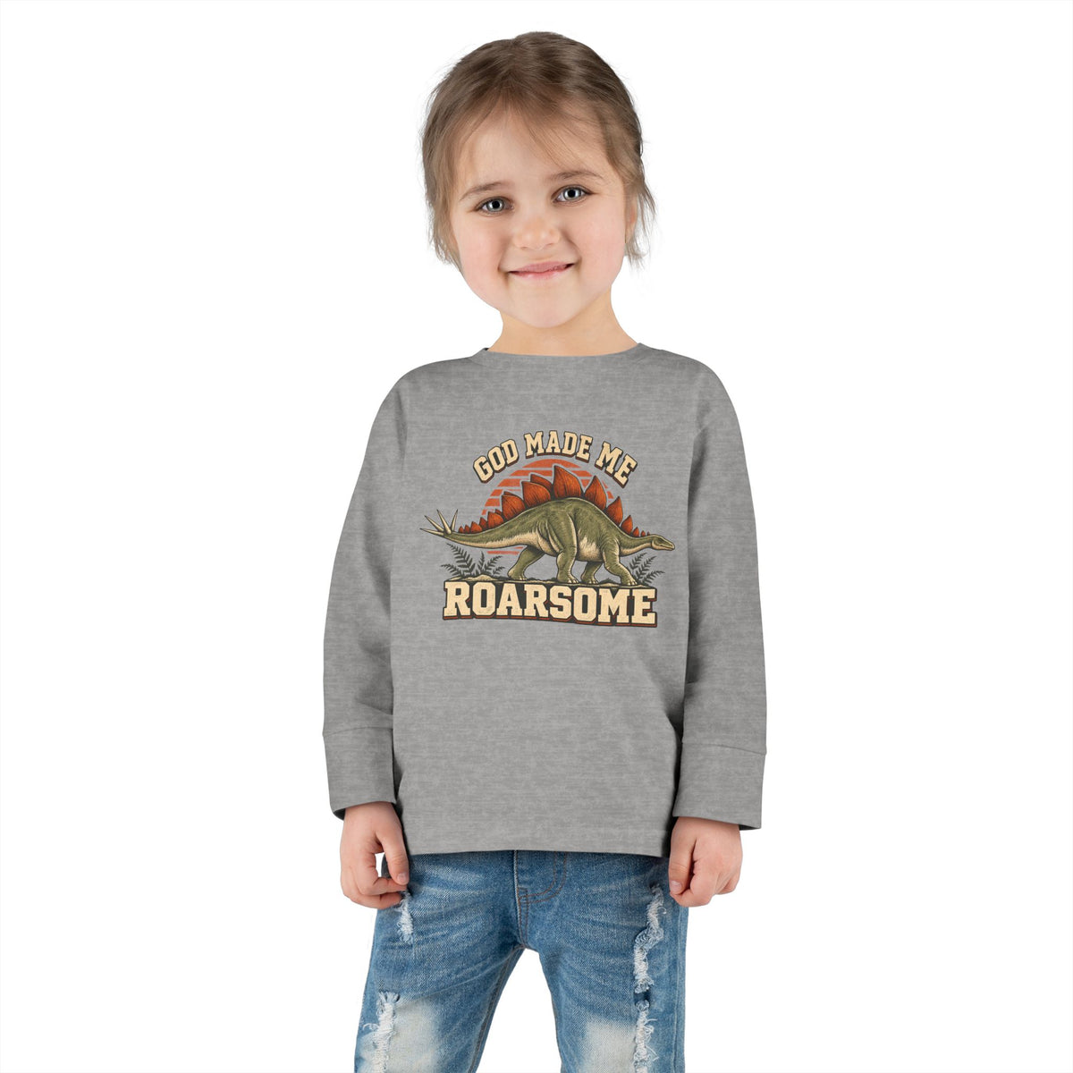 Toddler Tee - "God Made Me Roarsome" Dinosaur Long Sleeve Shirt