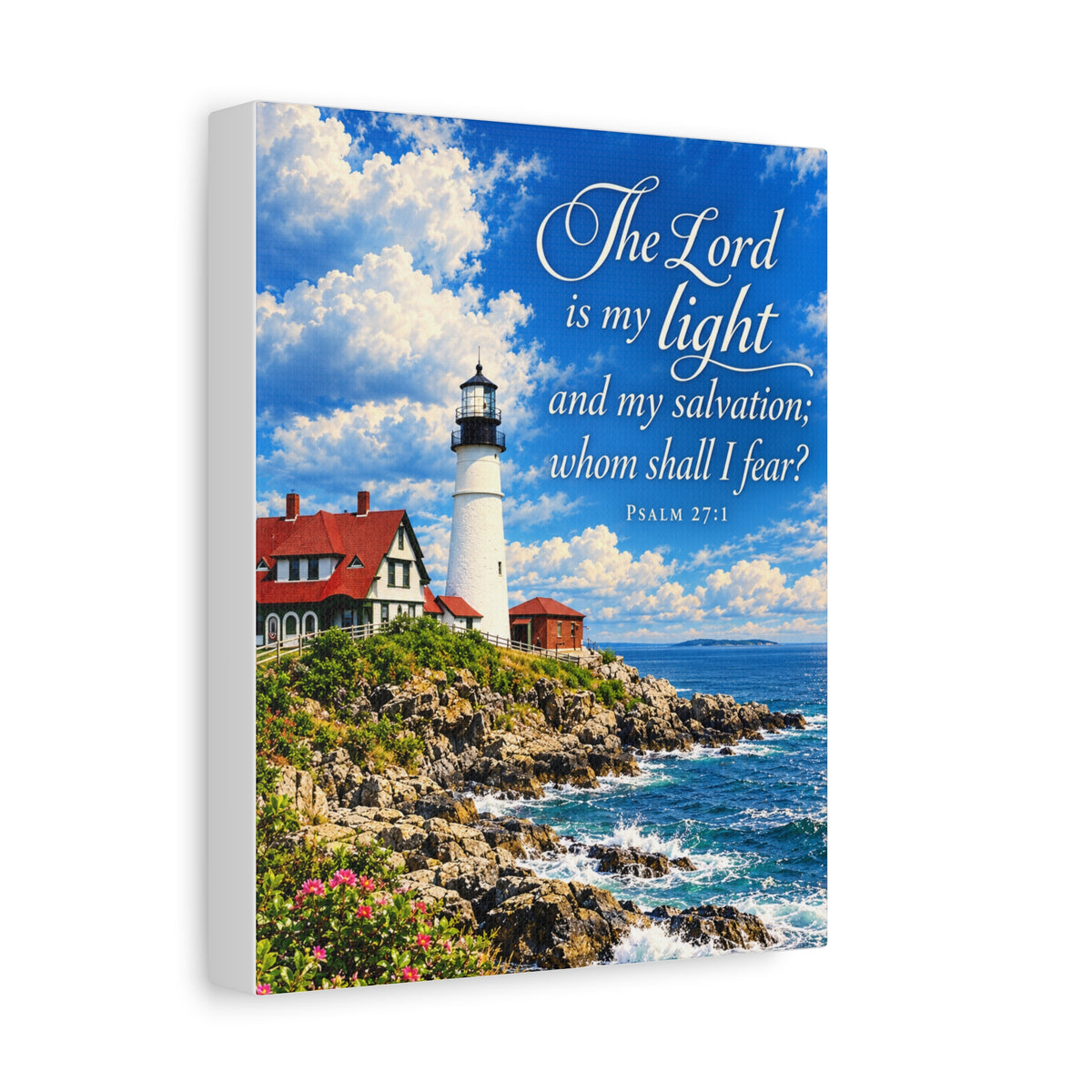 Lighthouse Psalm 27:1 Canvas Wall Art — “The Lord is my light” Religious Coastal Decor