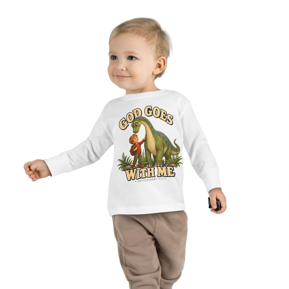 Toddler Long Sleeve Tee — "God Goes With Me" Dino Faith Shirt