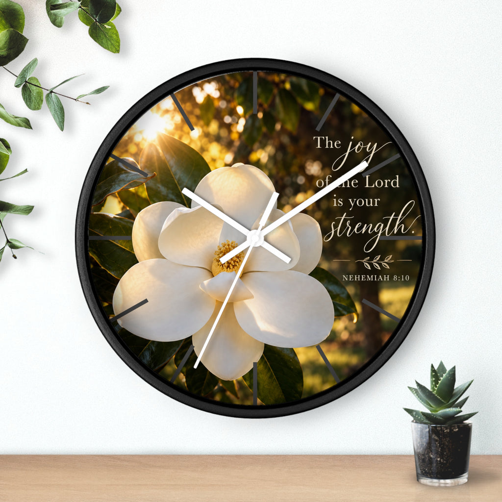 Magnolia Wall Clock — "The joy of the Lord is your strength" (Nehemiah 8:10)