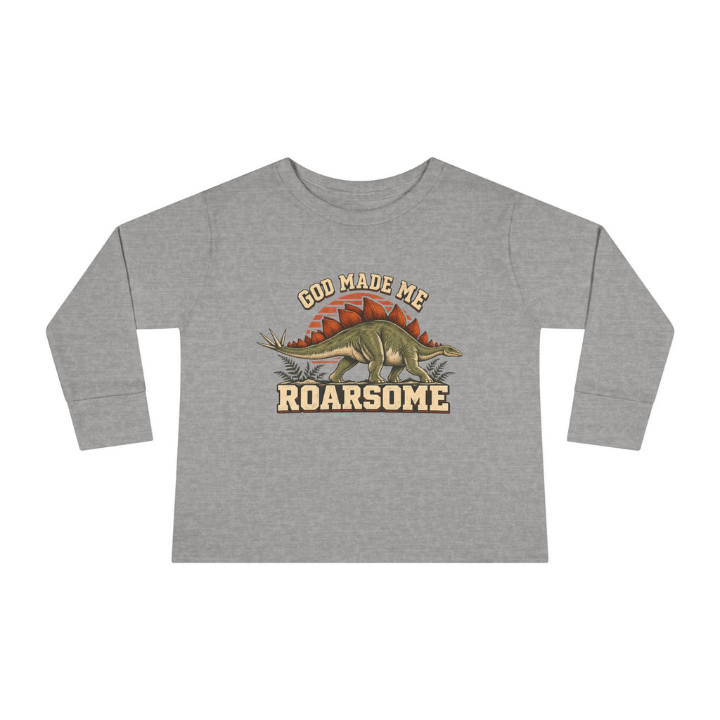 Toddler Tee - "God Made Me Roarsome" Dinosaur Long Sleeve Shirt