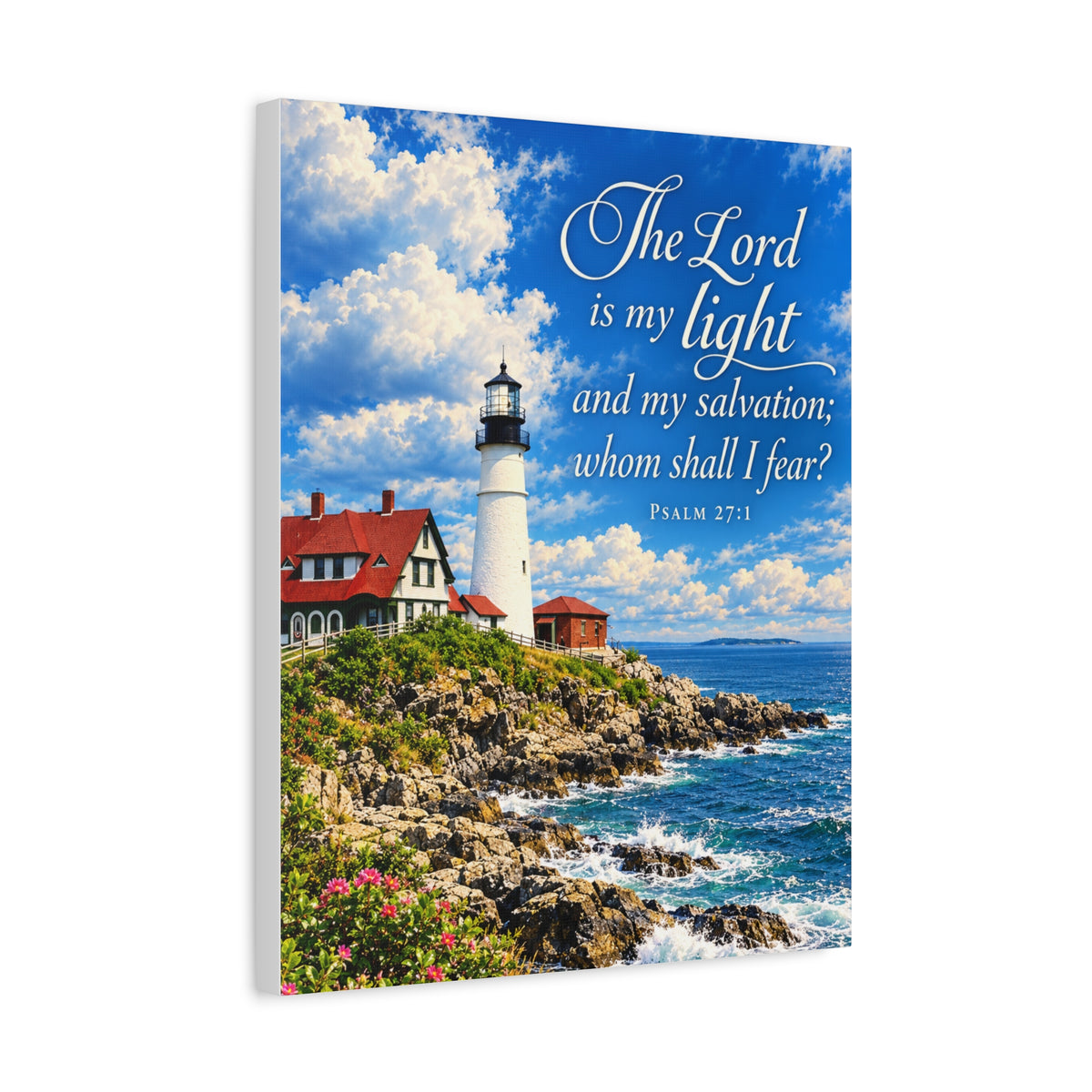 Lighthouse Psalm 27:1 Canvas Wall Art — “The Lord is my light” Religious Coastal Decor