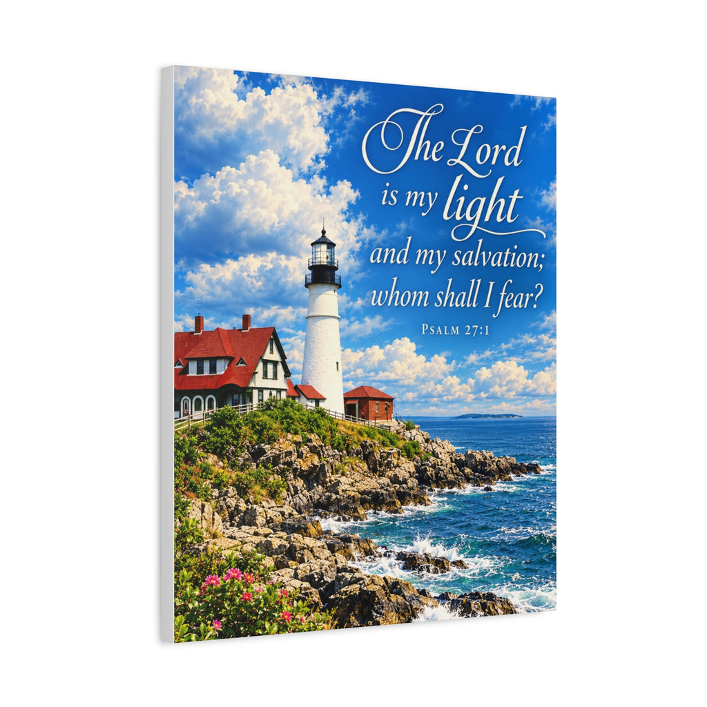 Lighthouse Psalm 27:1 Canvas Wall Art — “The Lord is my light” Religious Coastal Decor