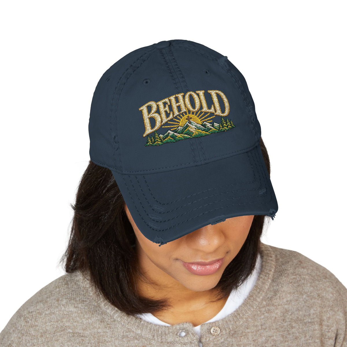 Behold Embroidered Distressed Dad Hat - Mountain Sunrise Baseball Cap