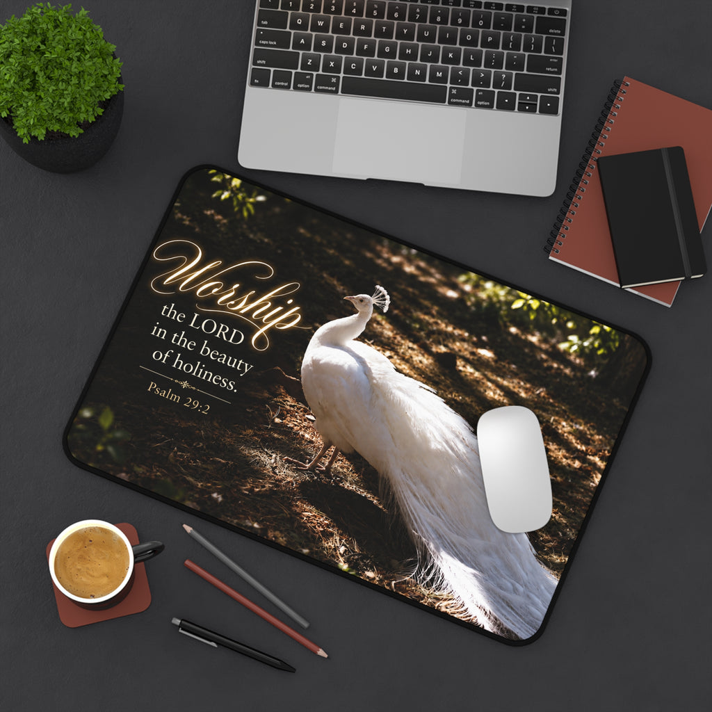 The Beauty of Holiness White Peacock - Desk Mat