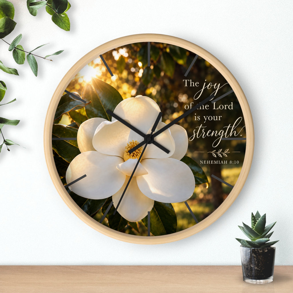 Magnolia Wall Clock — "The joy of the Lord is your strength" (Nehemiah 8:10)