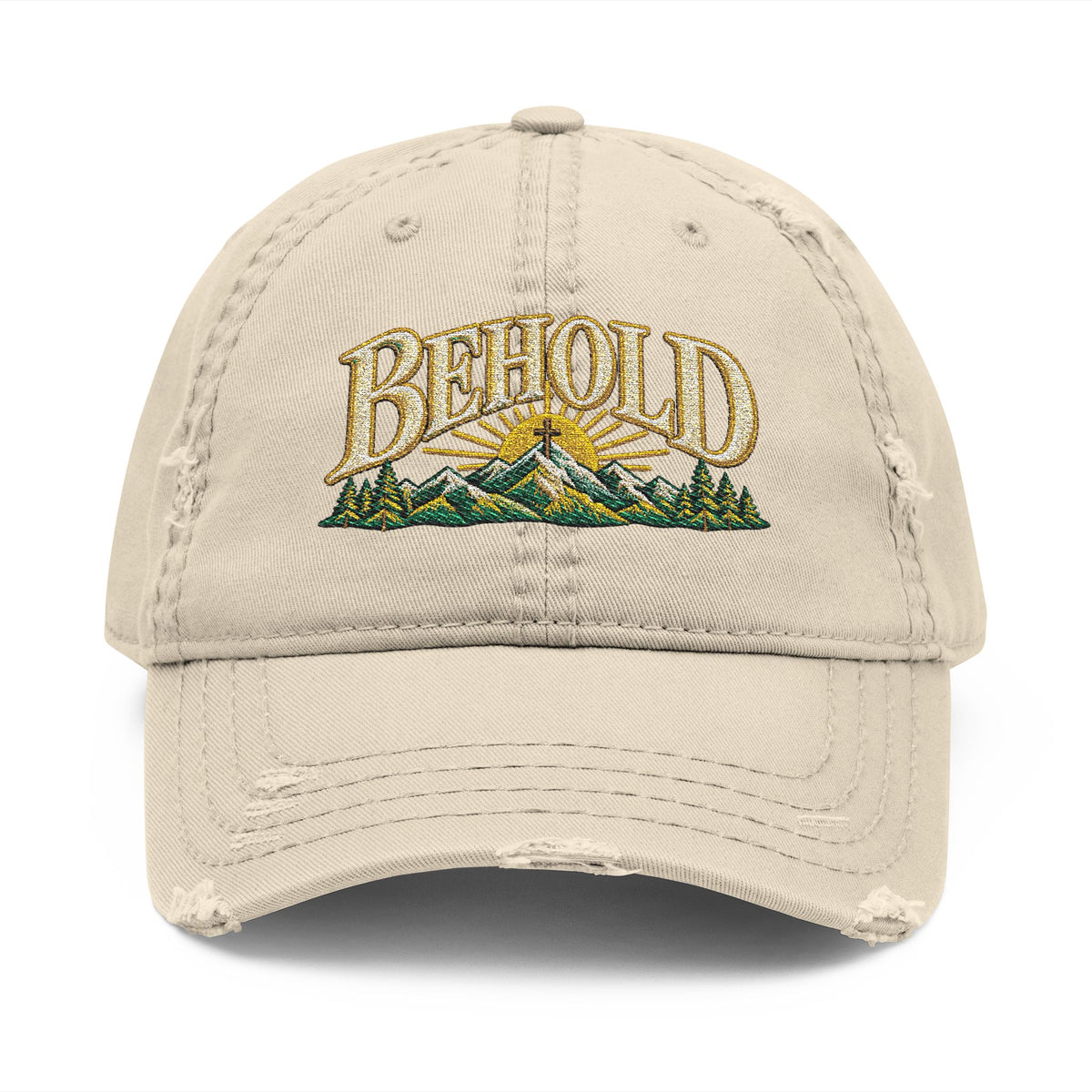Behold Embroidered Distressed Dad Hat - Mountain Sunrise Baseball Cap