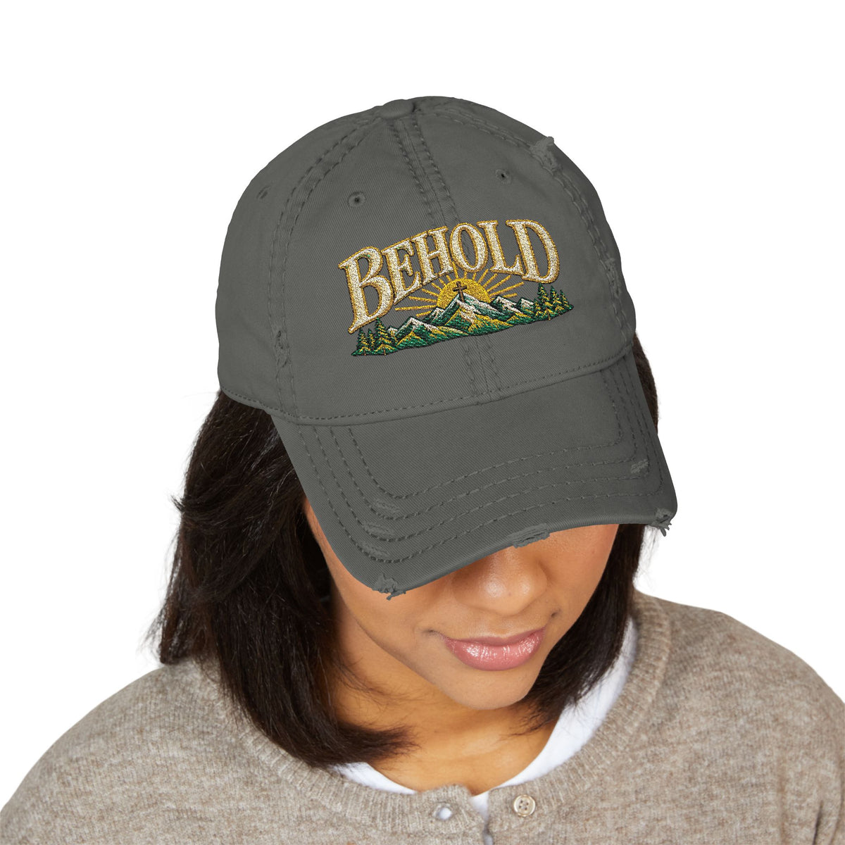 Behold Embroidered Distressed Dad Hat - Mountain Sunrise Baseball Cap