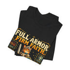 Full Armor, Firm Faith Tee — Christian Knight Cat Graphic T-Shirt