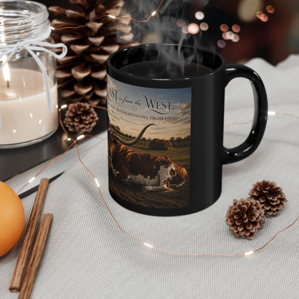 Longhorn Ranch Black Mug – Psalm 103:12 Western Cowhide Coffee Cup