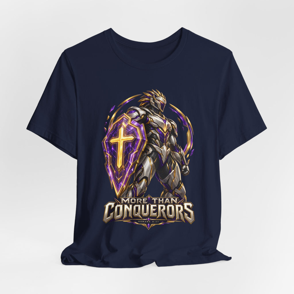 Christian Armor T-Shirt — "More Than Conquerors" Biblical Verse Tee