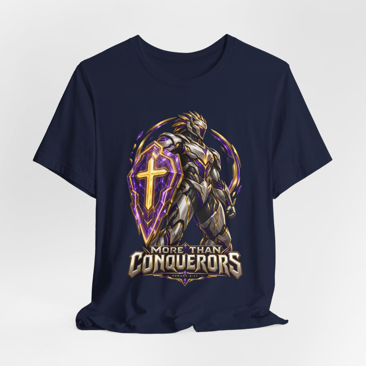 Christian Armor T-Shirt — "More Than Conquerors" Biblical Verse Tee