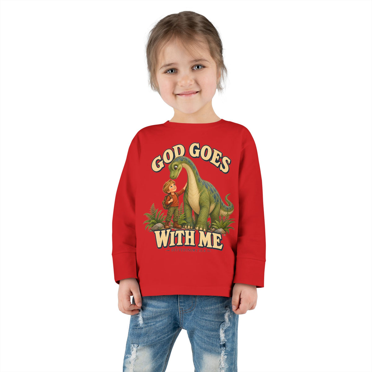 Toddler Long Sleeve Tee — "God Goes With Me" Dino Faith Shirt