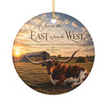 Ceramic Ornament - Rustic Longhorn Sunset with Psalm 103:12 Scripture