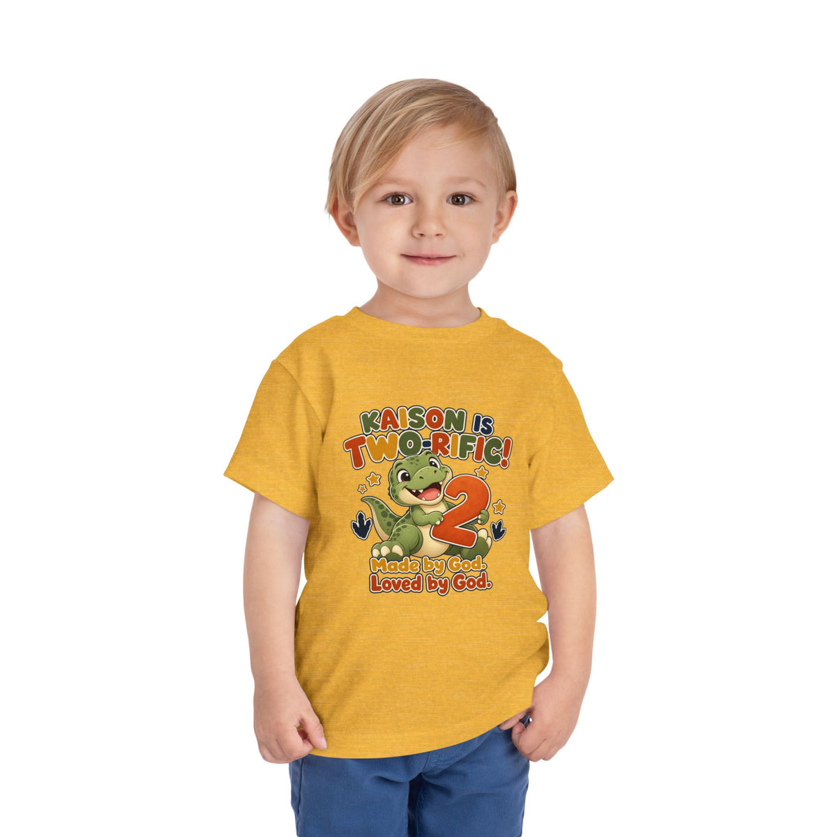 Personalized Toddler Tee - "Kaison is Two-rific!" Dinosaur 2nd Birthday Shirt