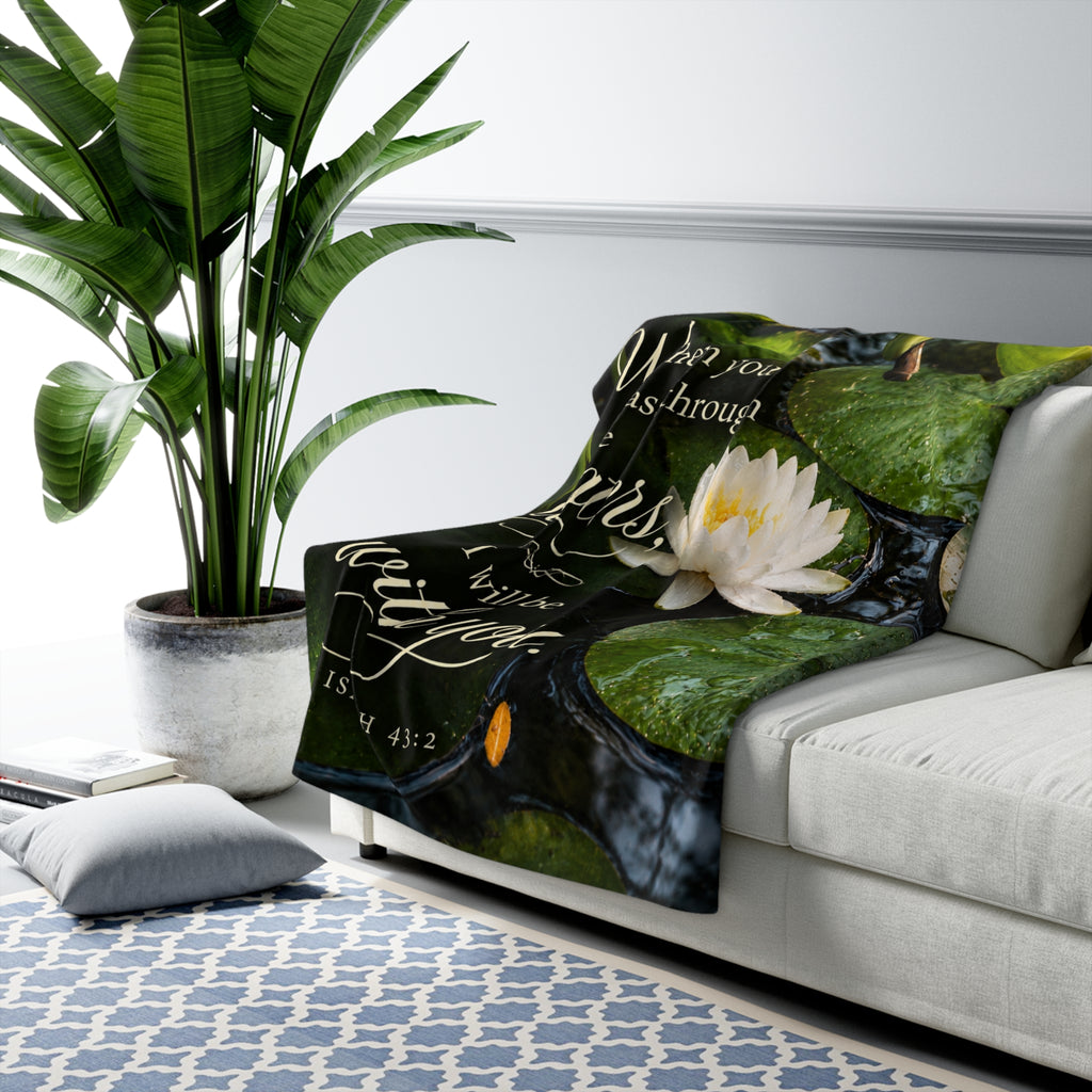 Inspirational Lily Sherpa Blanket — "When you pass through the waters, I will be with you" (Isaiah 43:2)